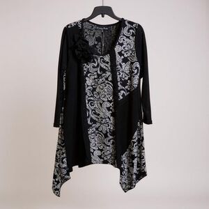 Pretty Angel Linen Blend Tunic Dress Black White Floral Handkerchief Hem Sz M